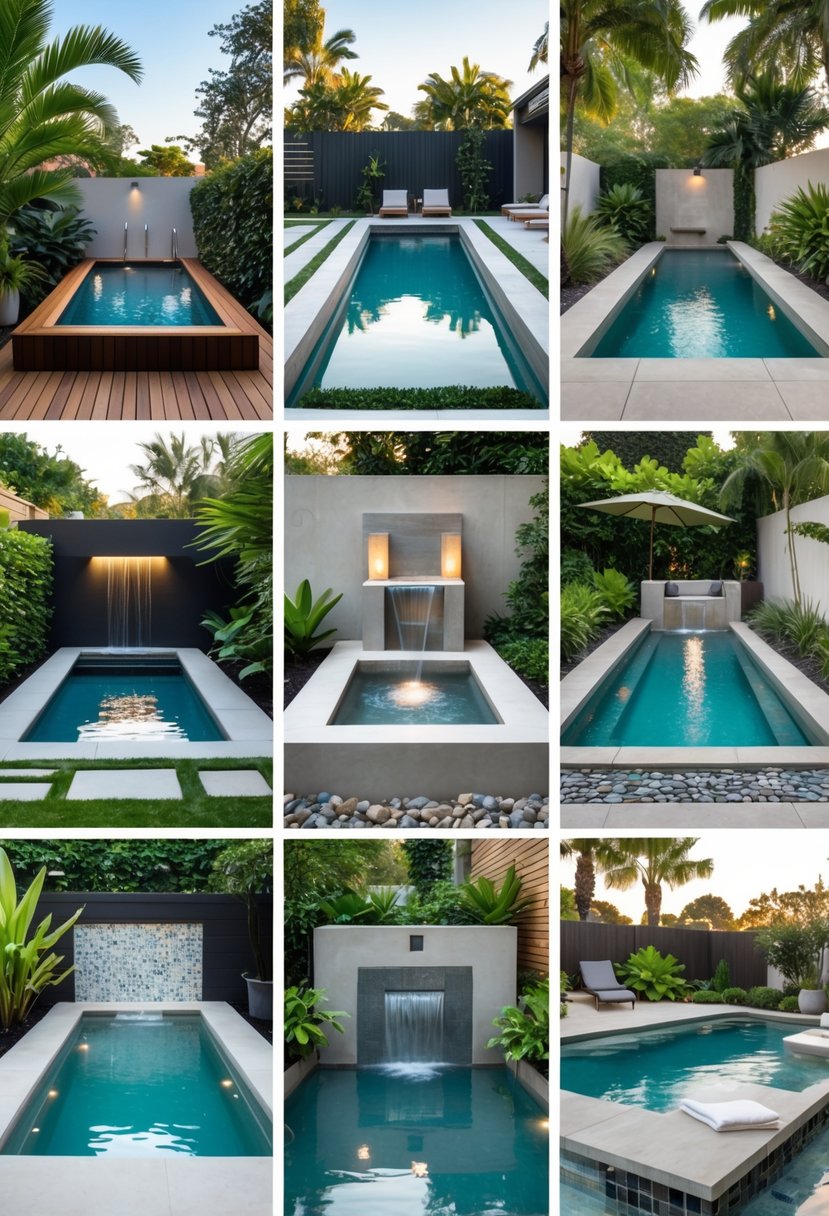 Seven different small backyard pools with various designs including stone edges, wooden decks, water features, and surrounding plants.