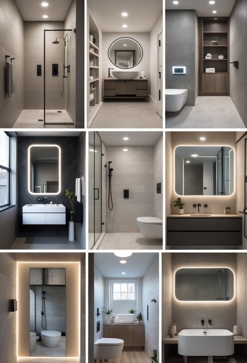 Seven different basement bathrooms each with unique layouts and modern fixtures arranged in a collage.