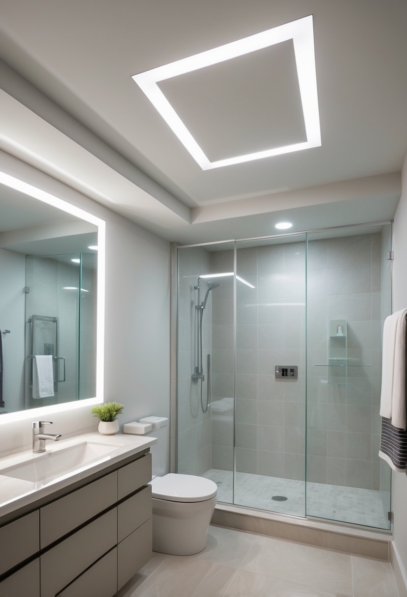 A bright basement bathroom with LED recessed ceiling lights, a vanity with mirror, walk-in shower, and light-colored tiles.