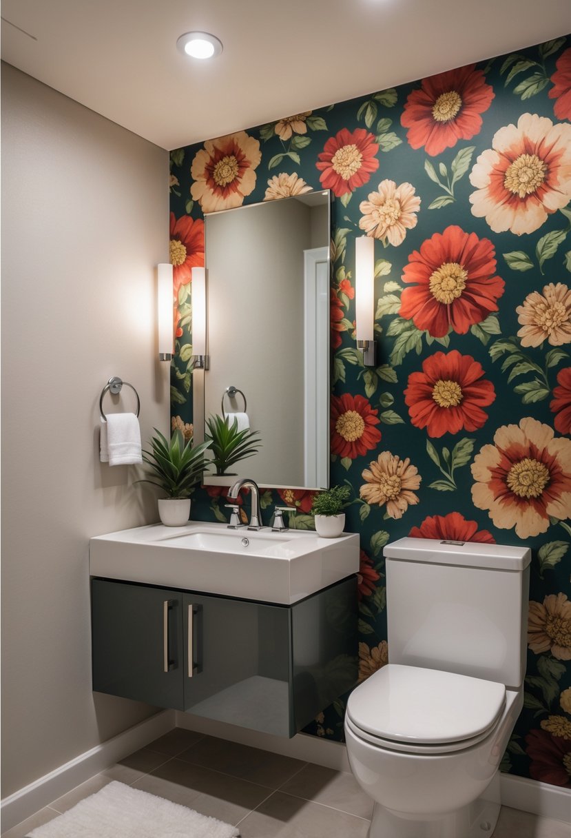 A basement bathroom with one wall covered in bold floral wallpaper, a white vanity with a sink, a mirror, and a toilet.