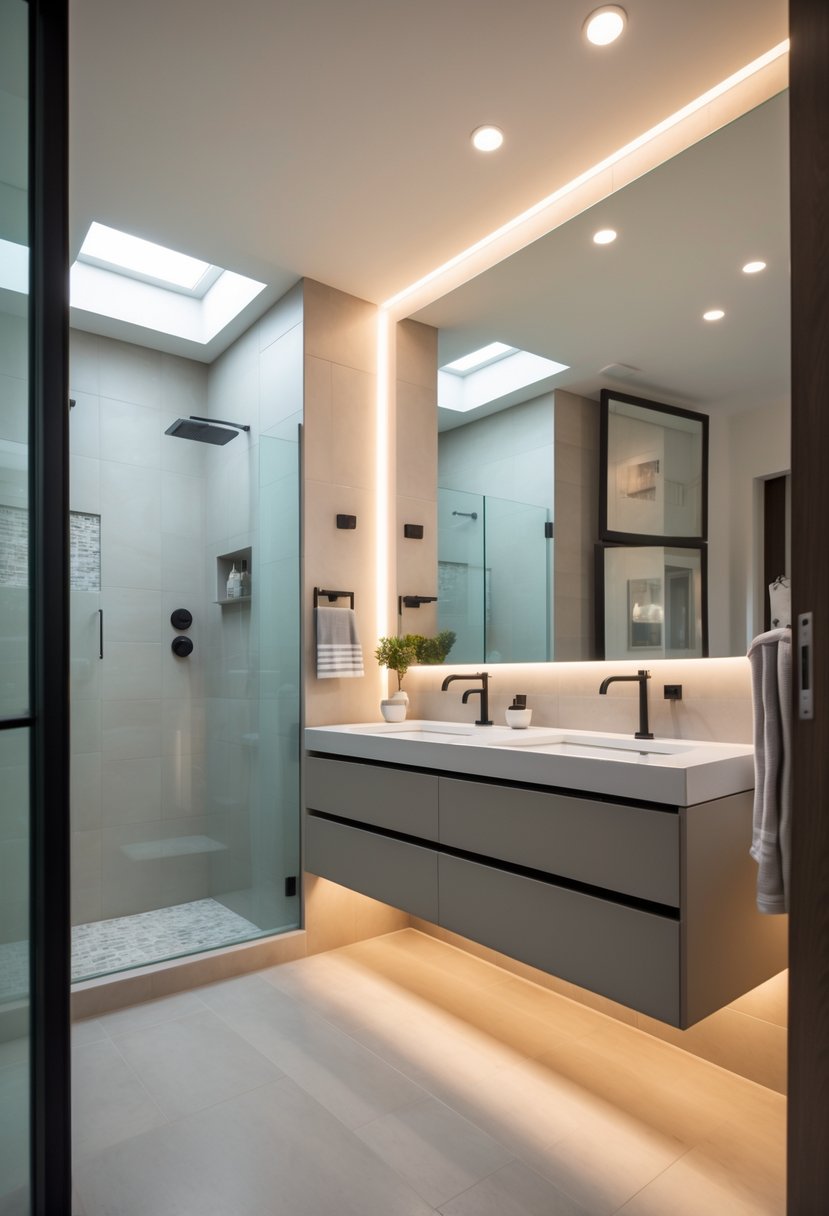A basement bathroom with floating vanities mounted on the wall, a glass shower, and neutral-colored tiles creating an open and spacious look.