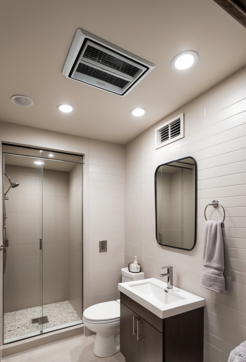 A basement bathroom with a small ceiling ventilation fan and an external vent on the wall.
