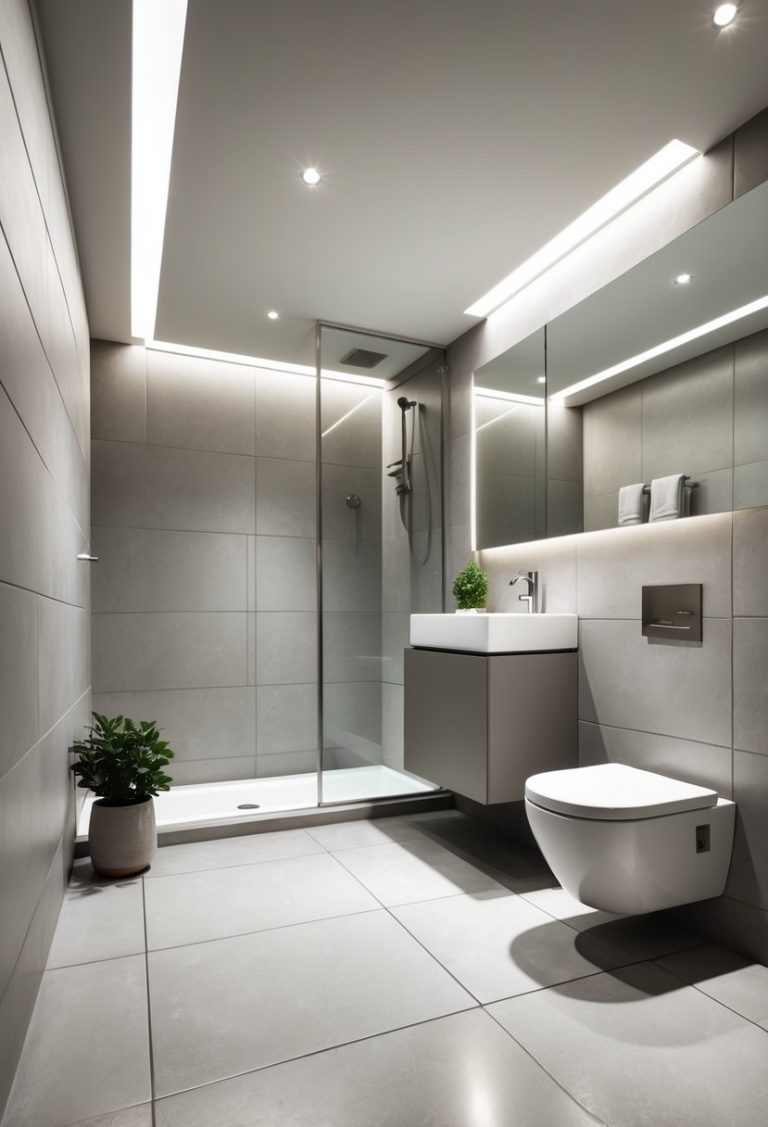 A basement bathroom with large porcelain tiles, a modern sink, glass shower, and toilet in a clean and well-lit space.
