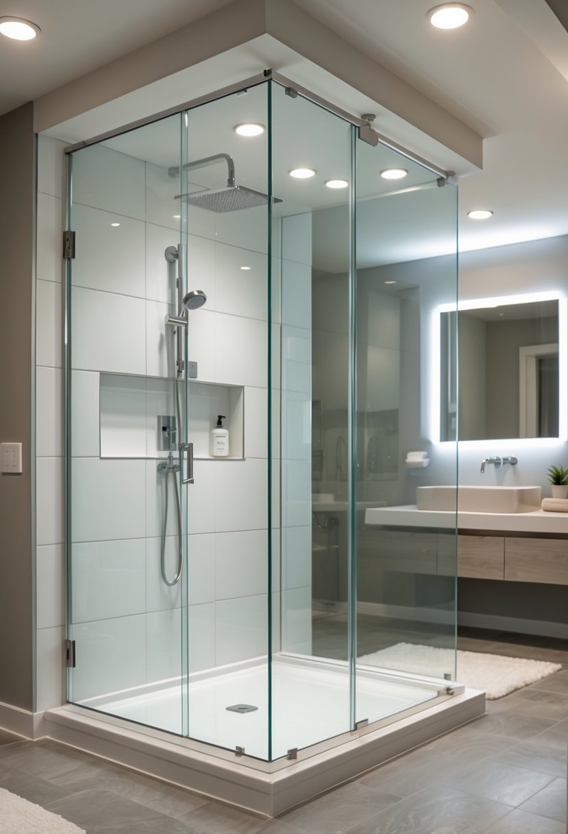 A basement bathroom with a walk-in shower enclosed by frameless glass doors and modern fixtures.