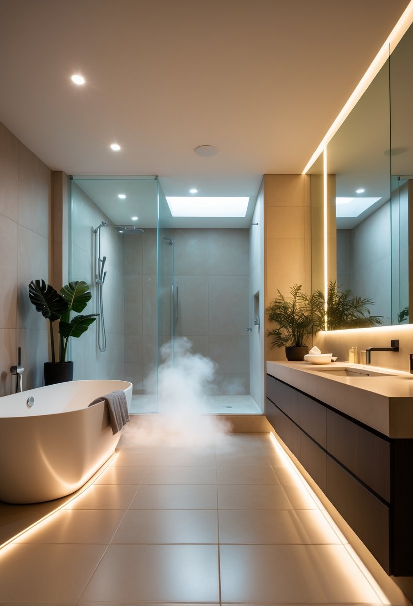 A basement bathroom with heated tile flooring, a freestanding bathtub, walk-in shower, and modern vanity with soft lighting.