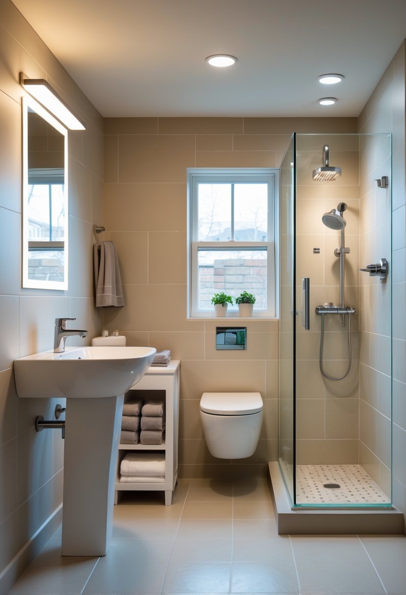 A well-organized basement bathroom with a sink, mirror, glass shower, storage shelves, and soft lighting.