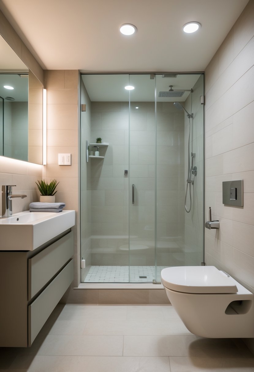 A compact basement bathroom with a floating vanity, wall-mounted toilet, walk-in shower, and built-in shelves.
