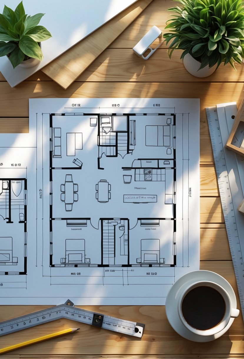 Top-down view of architectural floor plans for a one-story barndominium laid out on a table with drawing tools and a cup of coffee nearby.