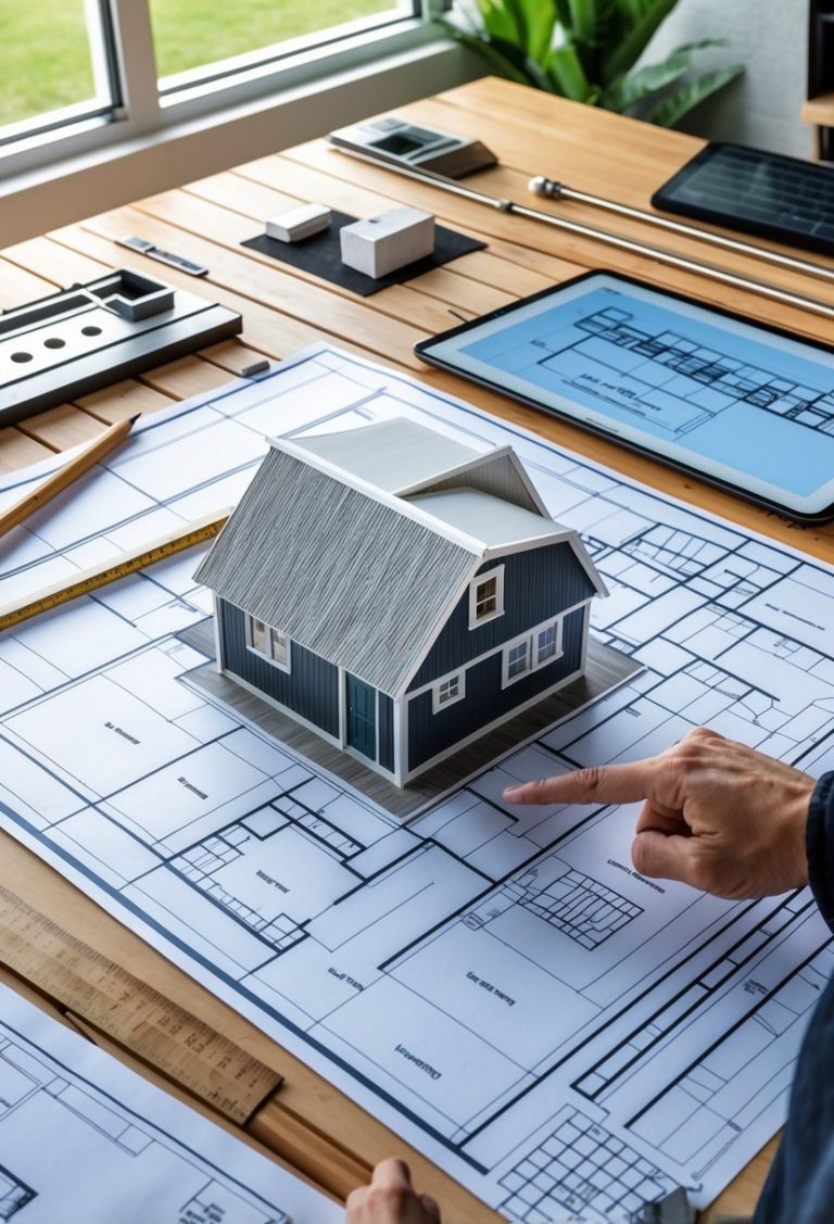 A person pointing at a one-story barndominium floor plan on a table with architectural tools and a digital tablet nearby.