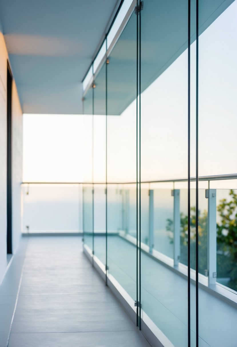 A modern balcony with clear glass panel railings overlooking a bright outdoor area with greenery and clear sky.