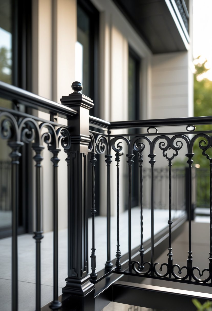 A balcony with black wrought iron railings featuring decorative scrollwork.