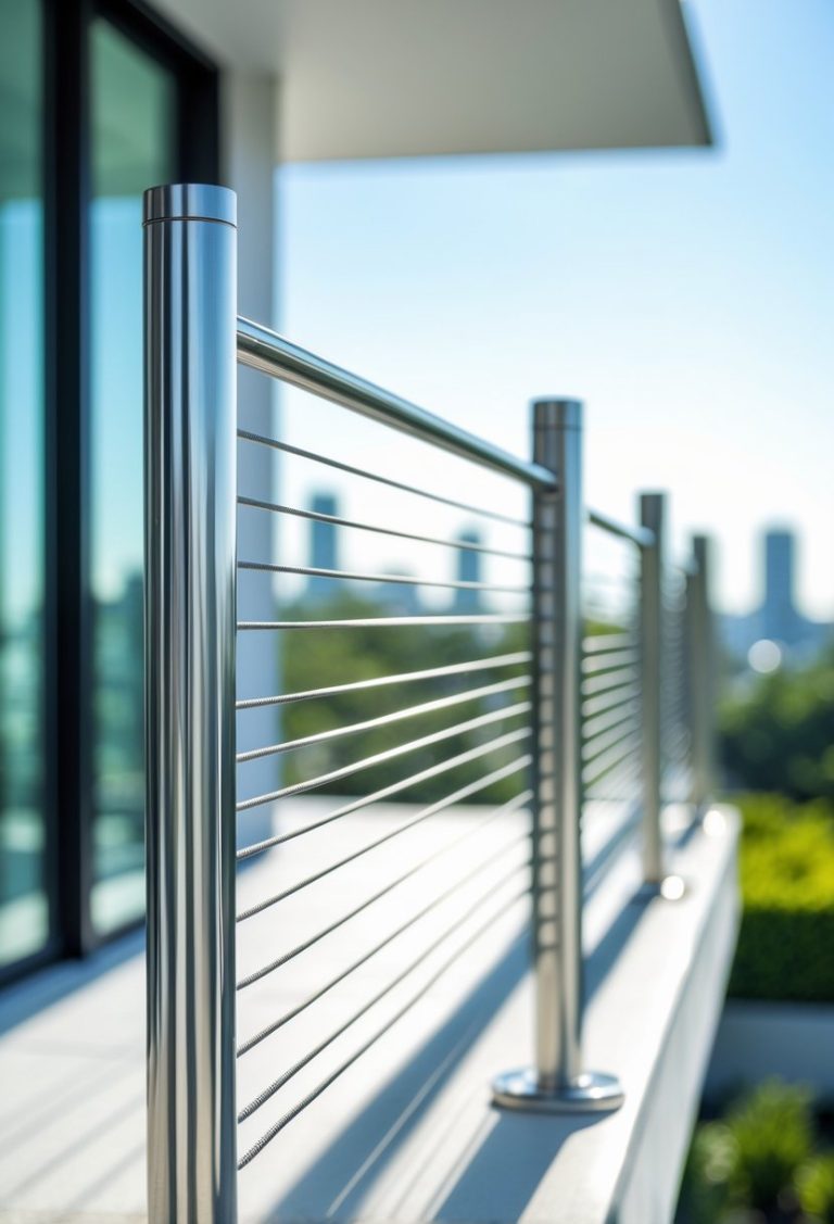 A balcony with stainless steel cable railings overlooking an outdoor area.