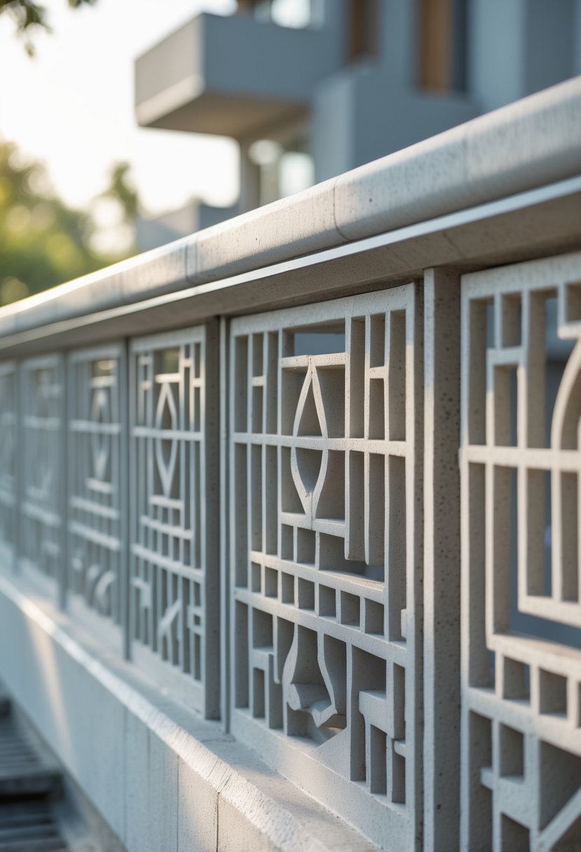 A balcony with concrete railings featuring geometric patterns in a repeating design.