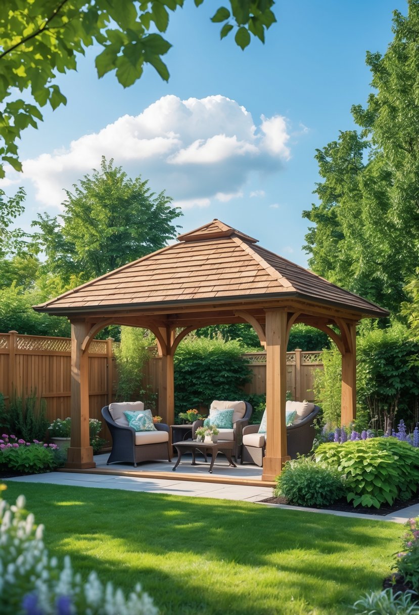 A wooden gazebo in a backyard surrounded by green grass, flowering plants, outdoor furniture, and trees under a clear sky.
