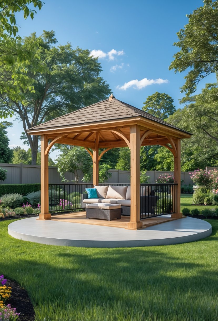 A wooden gazebo on a concrete slab in a backyard with grass, flowers, and trees.