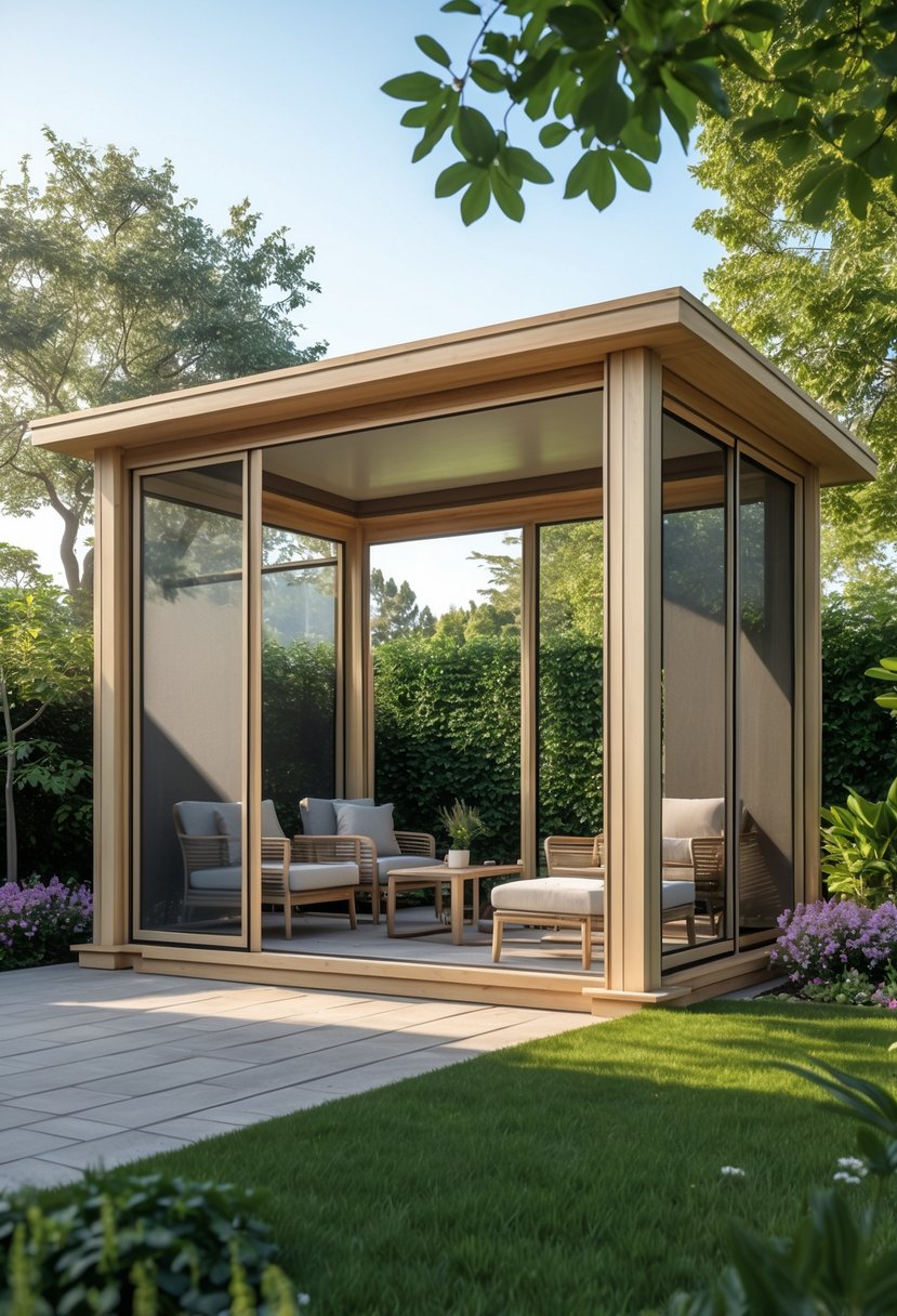 An enclosed wooden gazebo with retractable mesh screens in a green backyard with outdoor furniture and plants.
