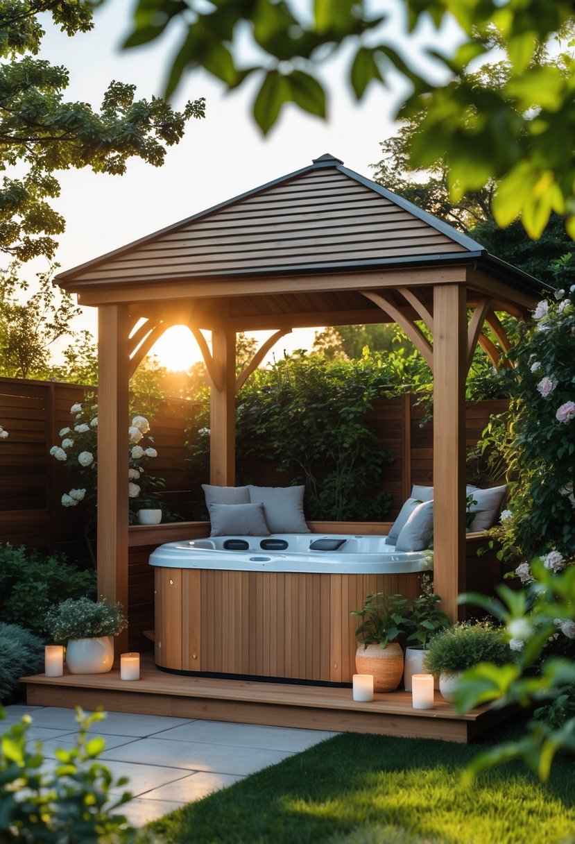 A small hot tub inside a wooden gazebo in a backyard surrounded by plants and soft lighting.
