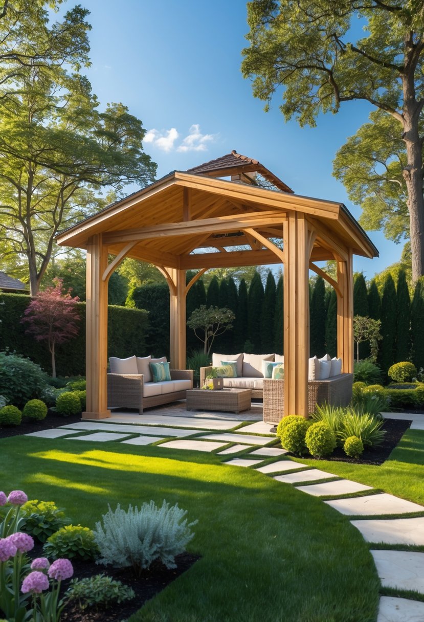 A backyard with a wooden gazebo surrounded by green grass, flowering plants, and trees under a clear blue sky.