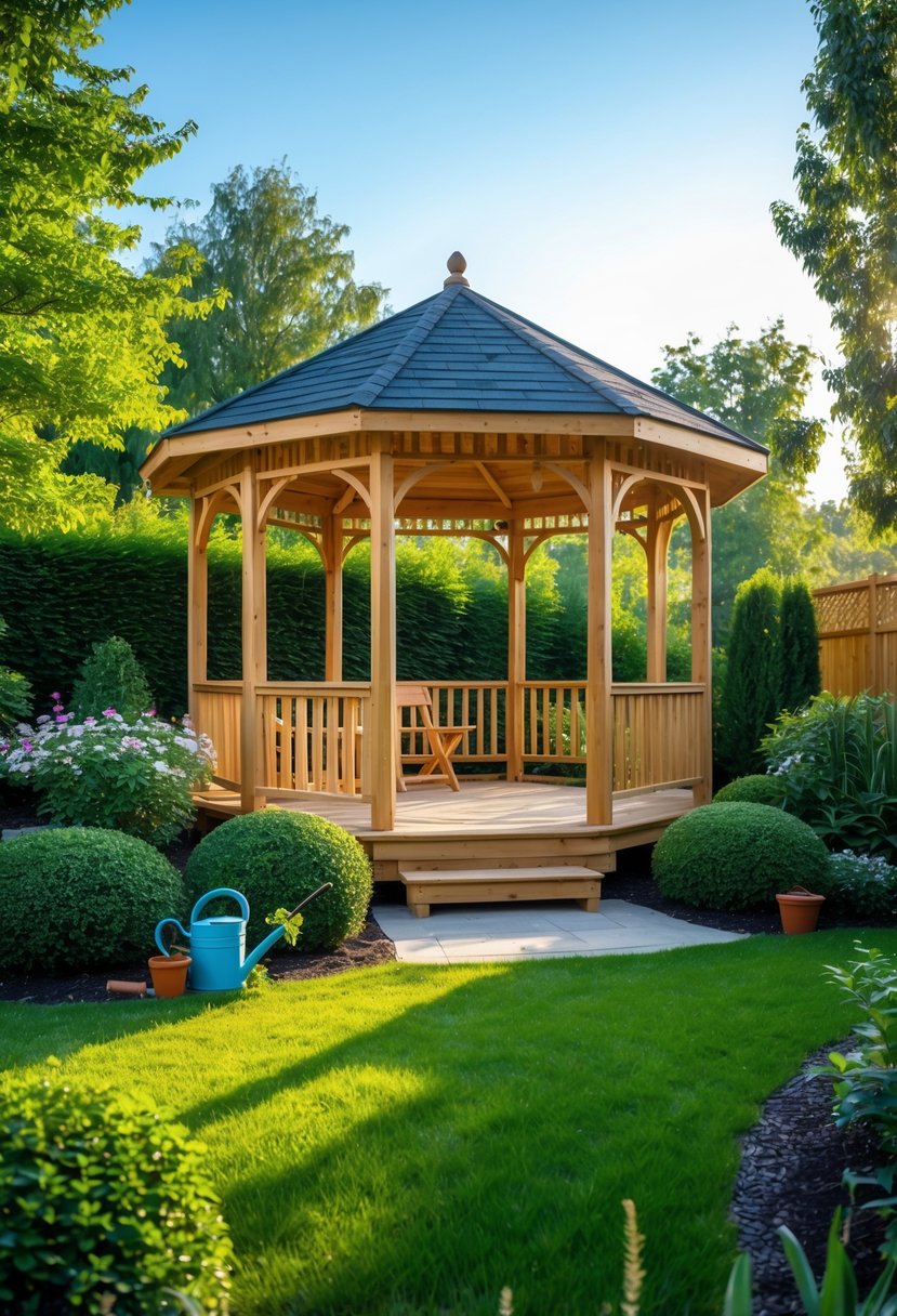 A wooden backyard gazebo surrounded by green plants and gardening tools on a sunny day.