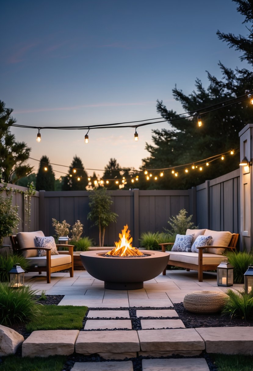A backyard with a firepit surrounded by outdoor seating, plants, and string lights at twilight.
