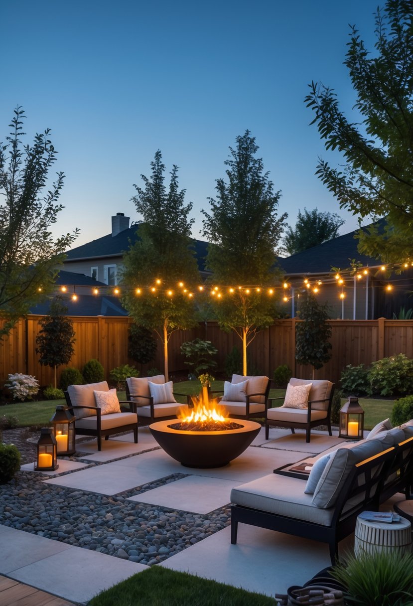 A backyard with a lit firepit surrounded by chairs, plants, and ambient lighting during evening.