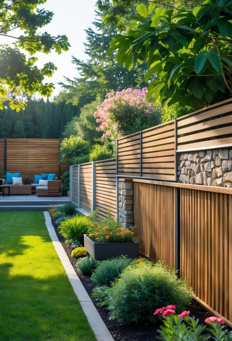 A backyard with different types of fences surrounding a green lawn and garden with flowers and outdoor seating.