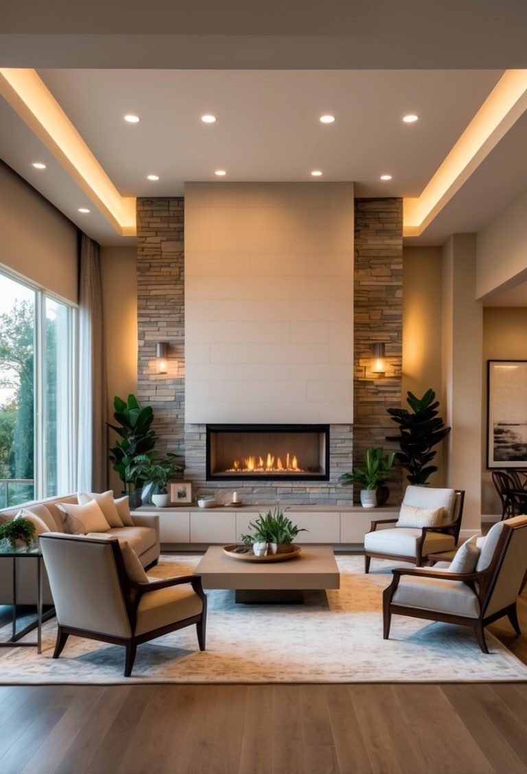 Living room with a modern fireplace, comfortable seating, large windows, and decorative elements creating a cozy atmosphere.