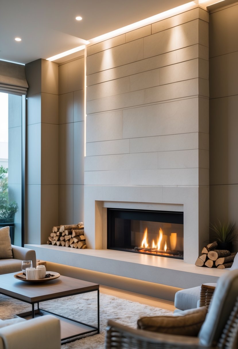 A living room with a built-in fireplace niche surrounded by seating and decorative elements.
