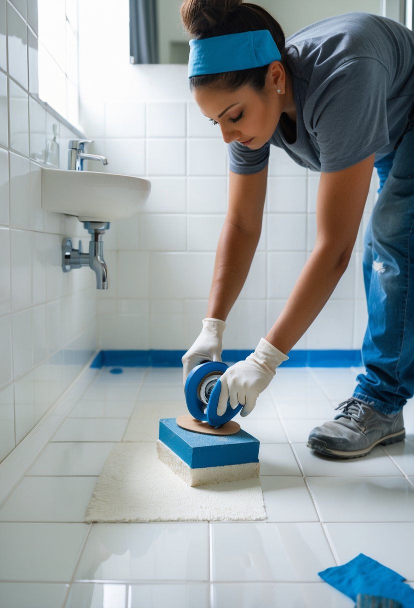 Person sanding bathroom tiles while preparing them for painting in a clean bathroom.