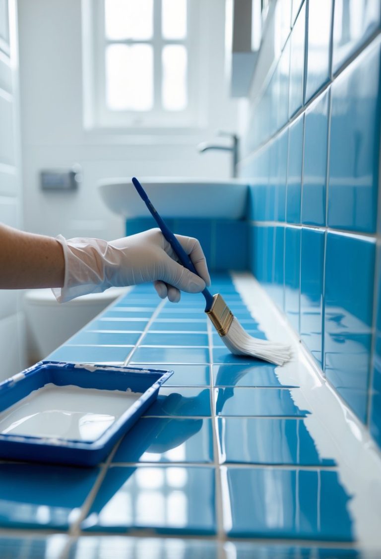 Person painting blue bathroom tiles white with a small brush, wearing gloves, in a modern bathroom.