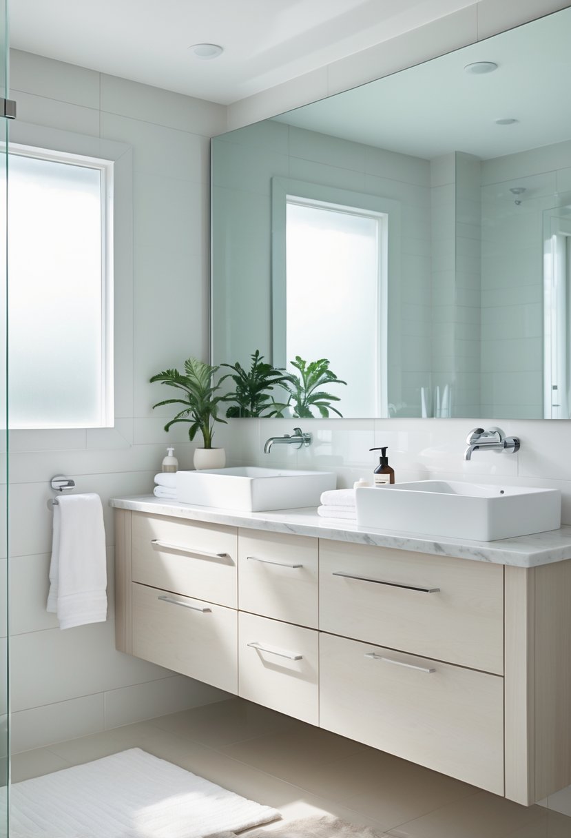 A modern bathroom with a white marble countertop vanity, dual sinks, light wood cabinets, and a large mirror.