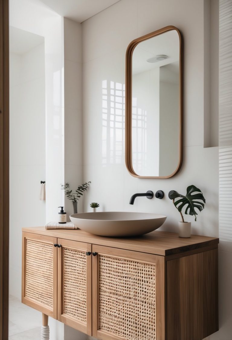 A bathroom vanity with a vessel sink on a wooden countertop and cabinetry with cane-front panels.
