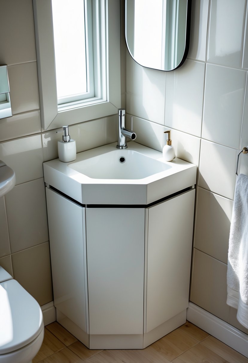 A small bathroom with a corner vanity featuring a white countertop, sink, and mirror above it.
