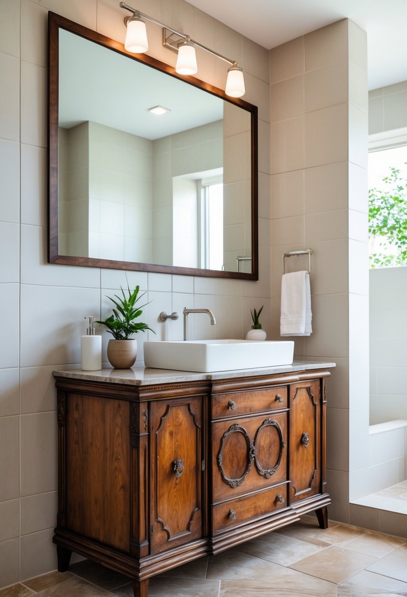 A bathroom with a wooden sideboard used as a vanity, featuring a white sink, faucet, mirror, and simple decor.