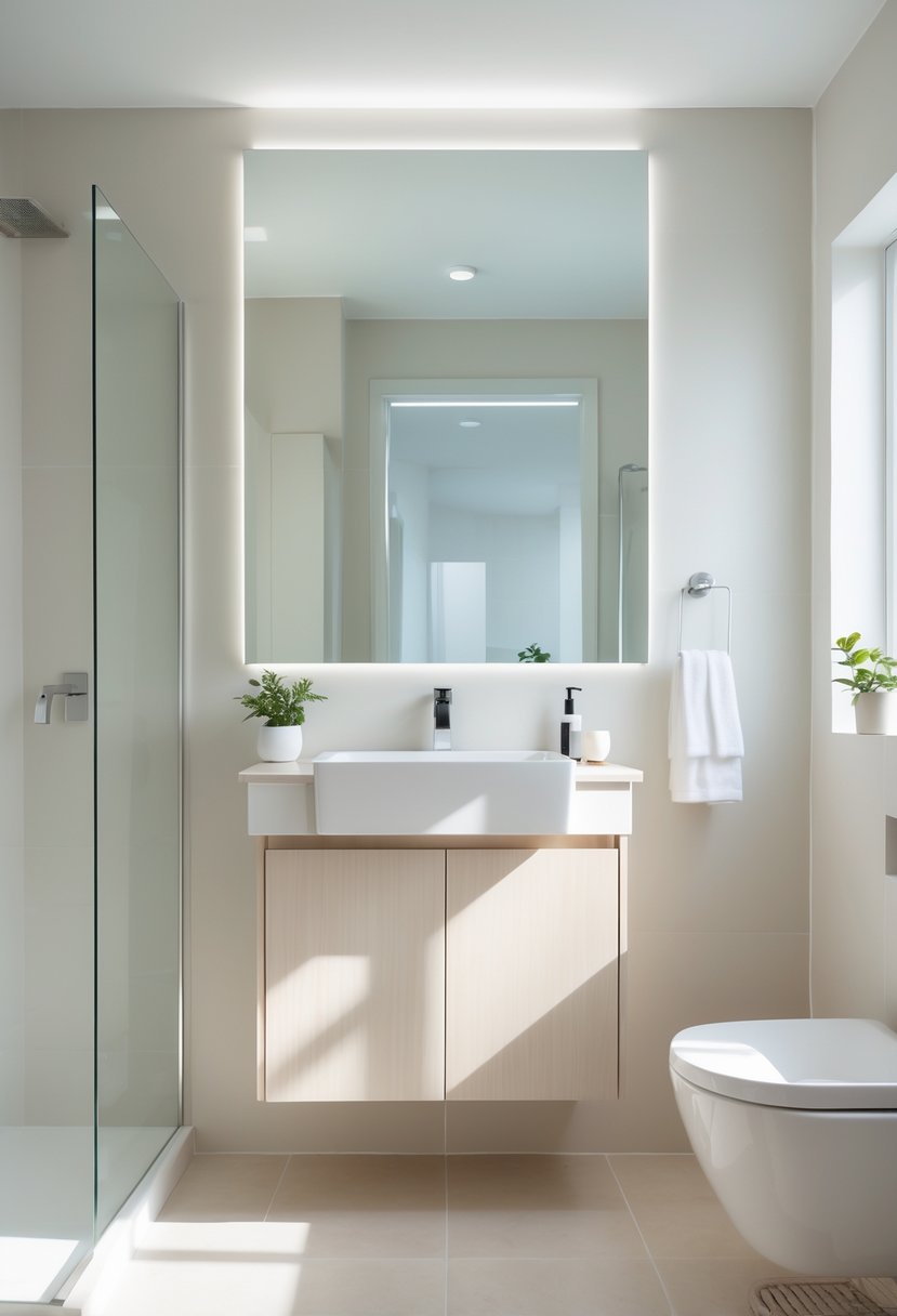 Small bathroom with a light-colored vanity, a large mirror, and natural light filling the space.