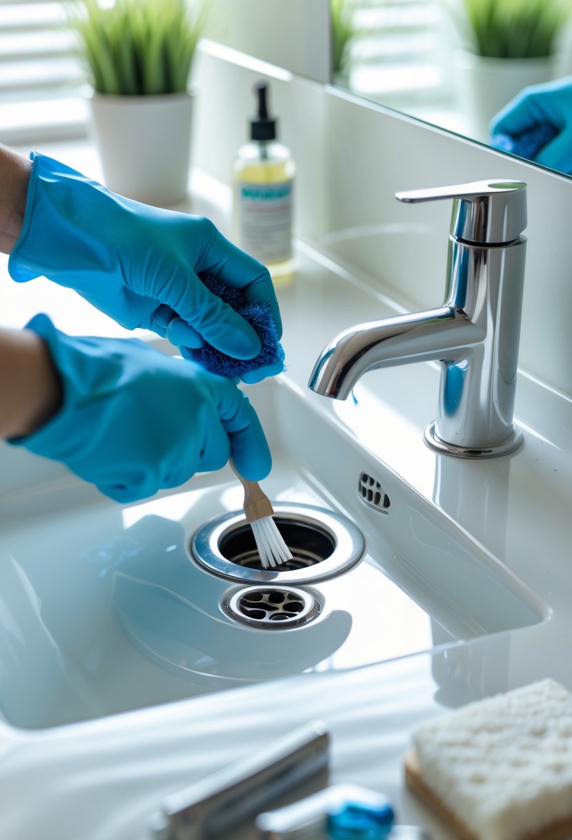 Hands wearing blue gloves cleaning a bathroom sink drain with a small brush next to a bottle of cleaner on the sink countertop.