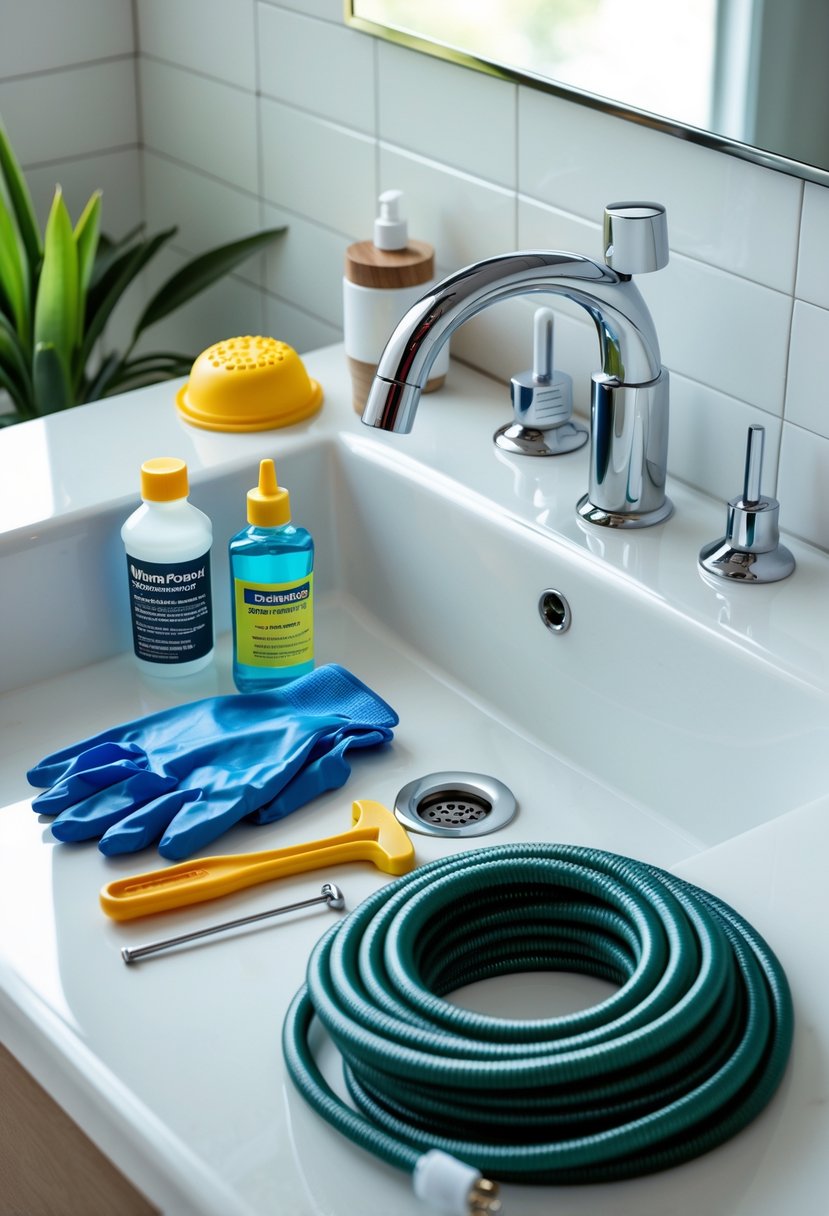 Bathroom sink with essential cleaning tools and supplies arranged on the countertop nearby.