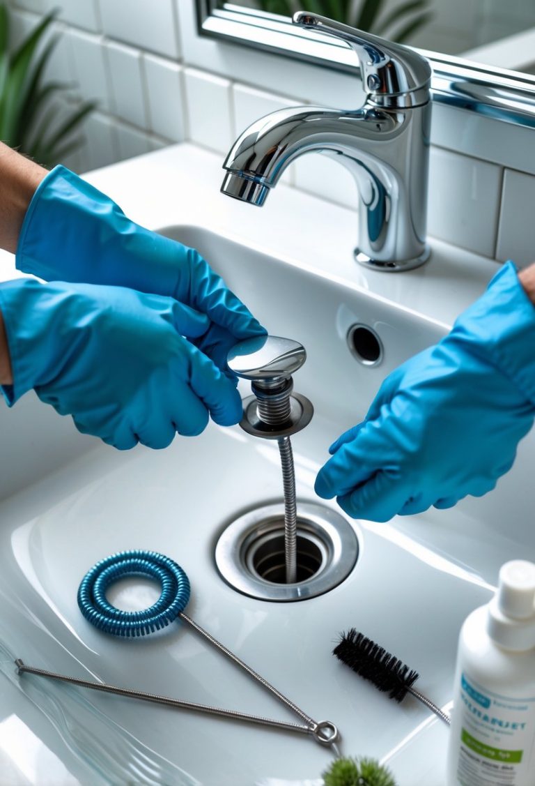 Hands wearing blue gloves cleaning a bathroom sink drain with tools on a white countertop.