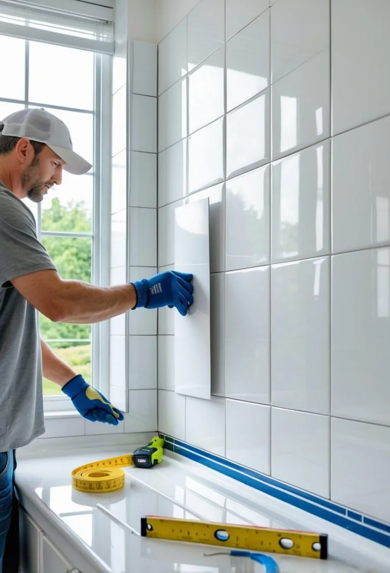 A person installing adhesive wall panels over tile walls in a bathroom during a renovation.