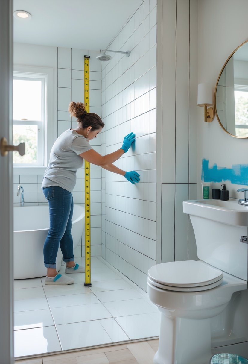A person working in a bathroom applying adhesive sheets and painting over tile walls with tools and materials visible.