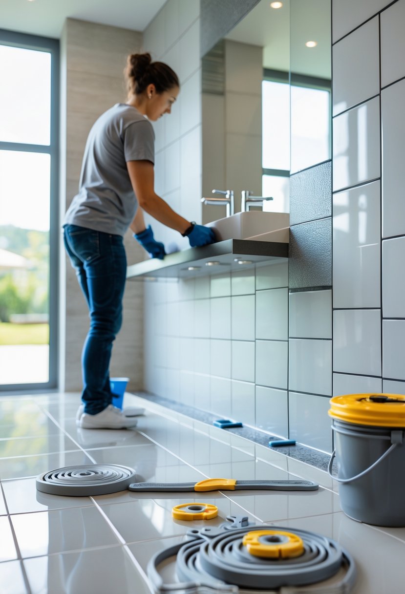 Person installing new tiles on bathroom walls with tools nearby in a clean, well-lit bathroom.