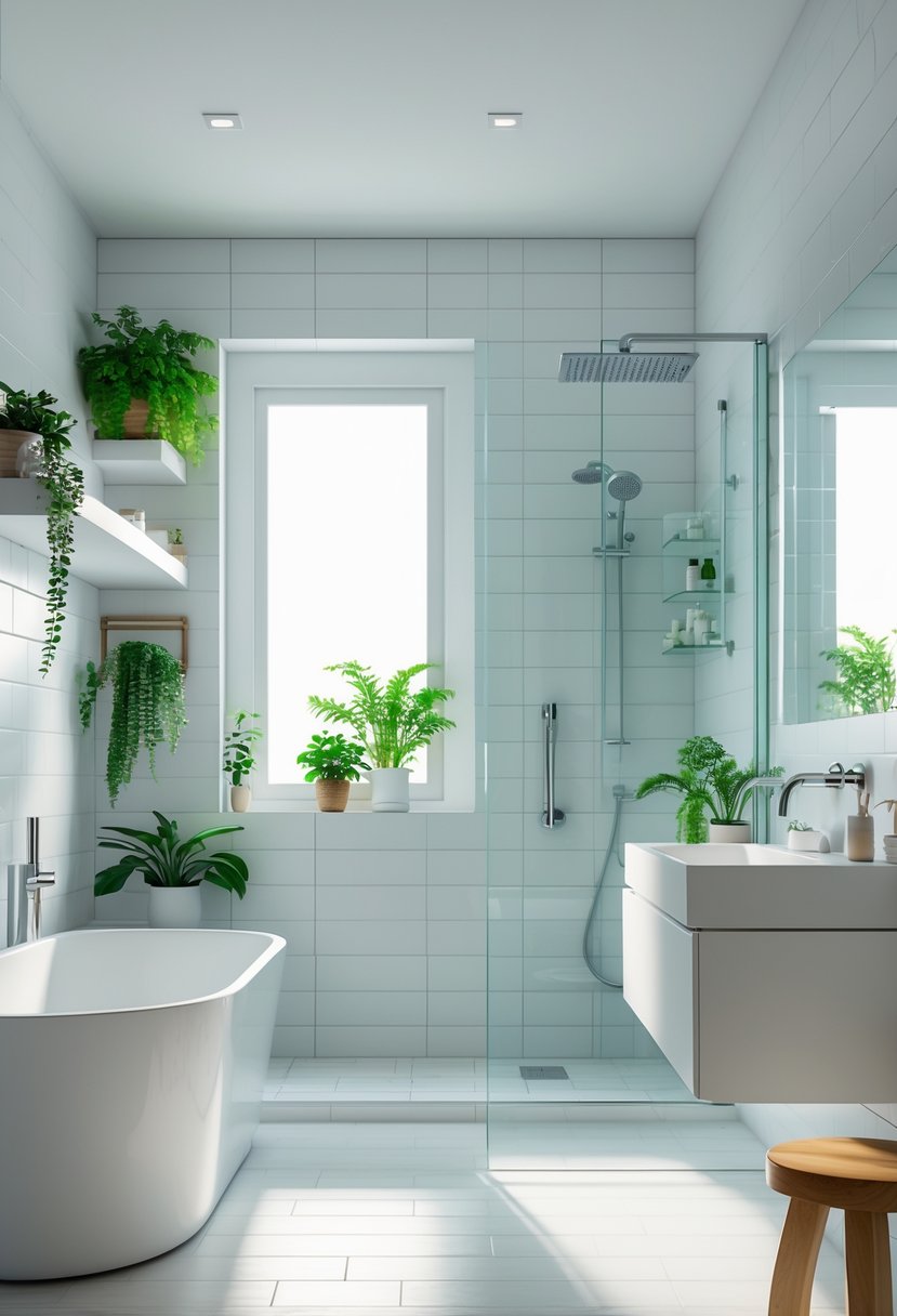 A bright, modern bathroom with a freestanding bathtub, glass shower, floating vanity, and green plants.
