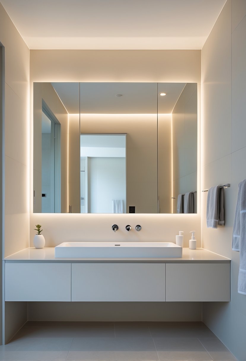 A clean bathroom with a white sink, frameless mirrors, light-colored walls, and tiled floor.