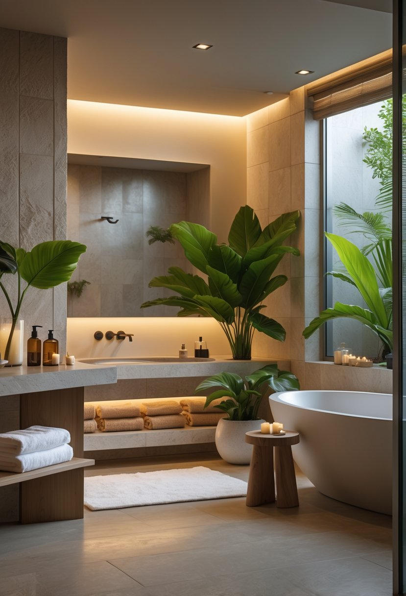 A spacious bathroom with a freestanding bathtub, wooden accents, stone countertops, green plants, and soft warm lighting.