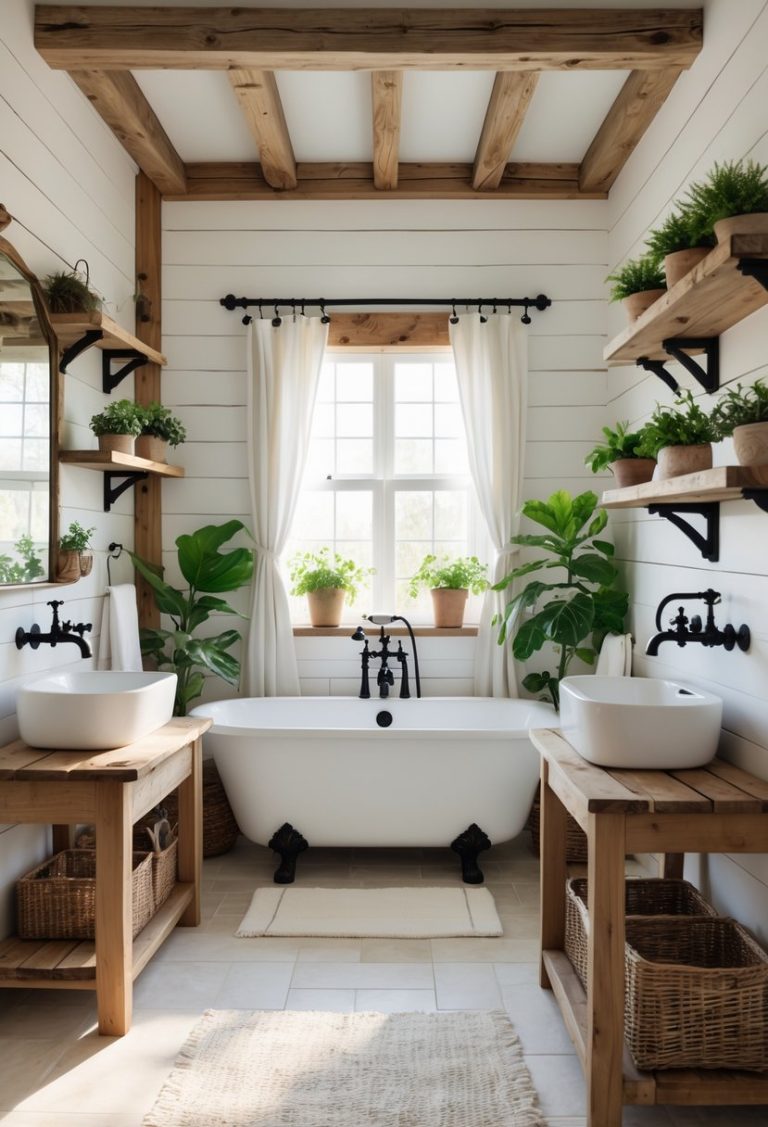 A bathroom with a freestanding bathtub, wooden shelves, a wooden vanity, potted plants, and natural light coming through a window.