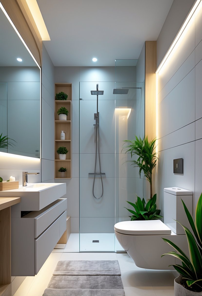 A modern bathroom with a floating vanity, glass shower, wall-mounted toilet, and plants, designed for efficient use of space.