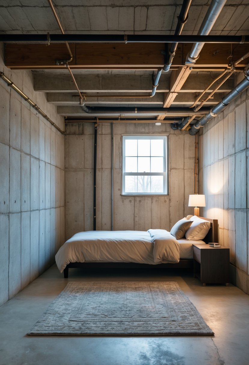 An unfinished basement bedroom with a bed, nightstand, exposed concrete walls, wooden beams, and a small window letting in natural light.