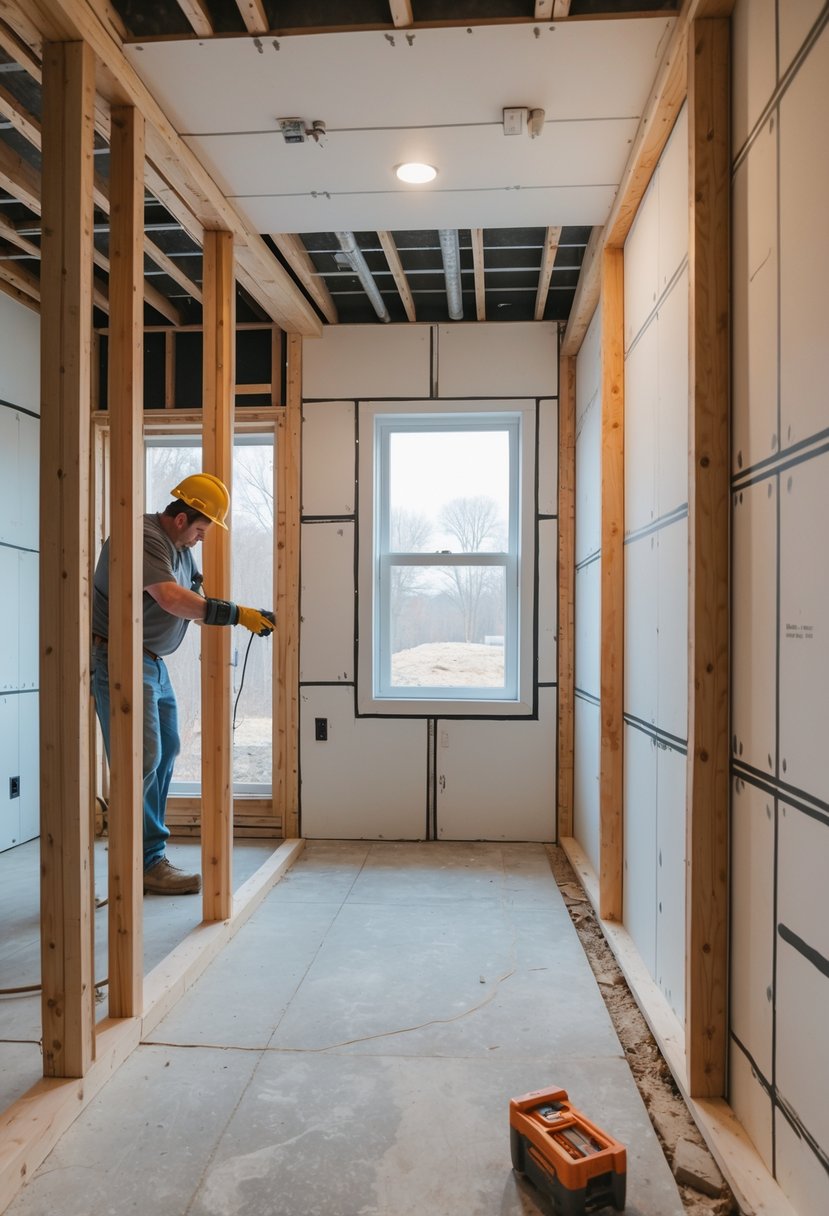 An unfinished basement bedroom with moisture-resistant drywall being installed on wooden framing.
