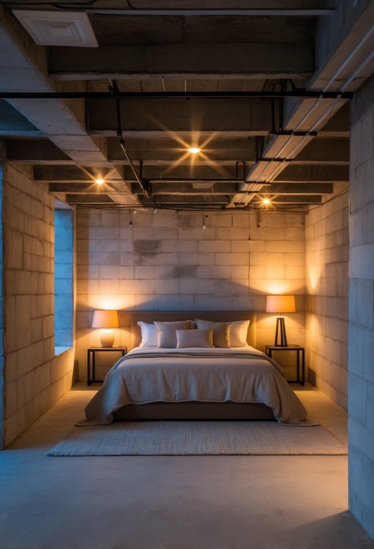 An unfinished basement bedroom with exposed concrete walls, a bed, and warm lighting from recessed lights and lamps.