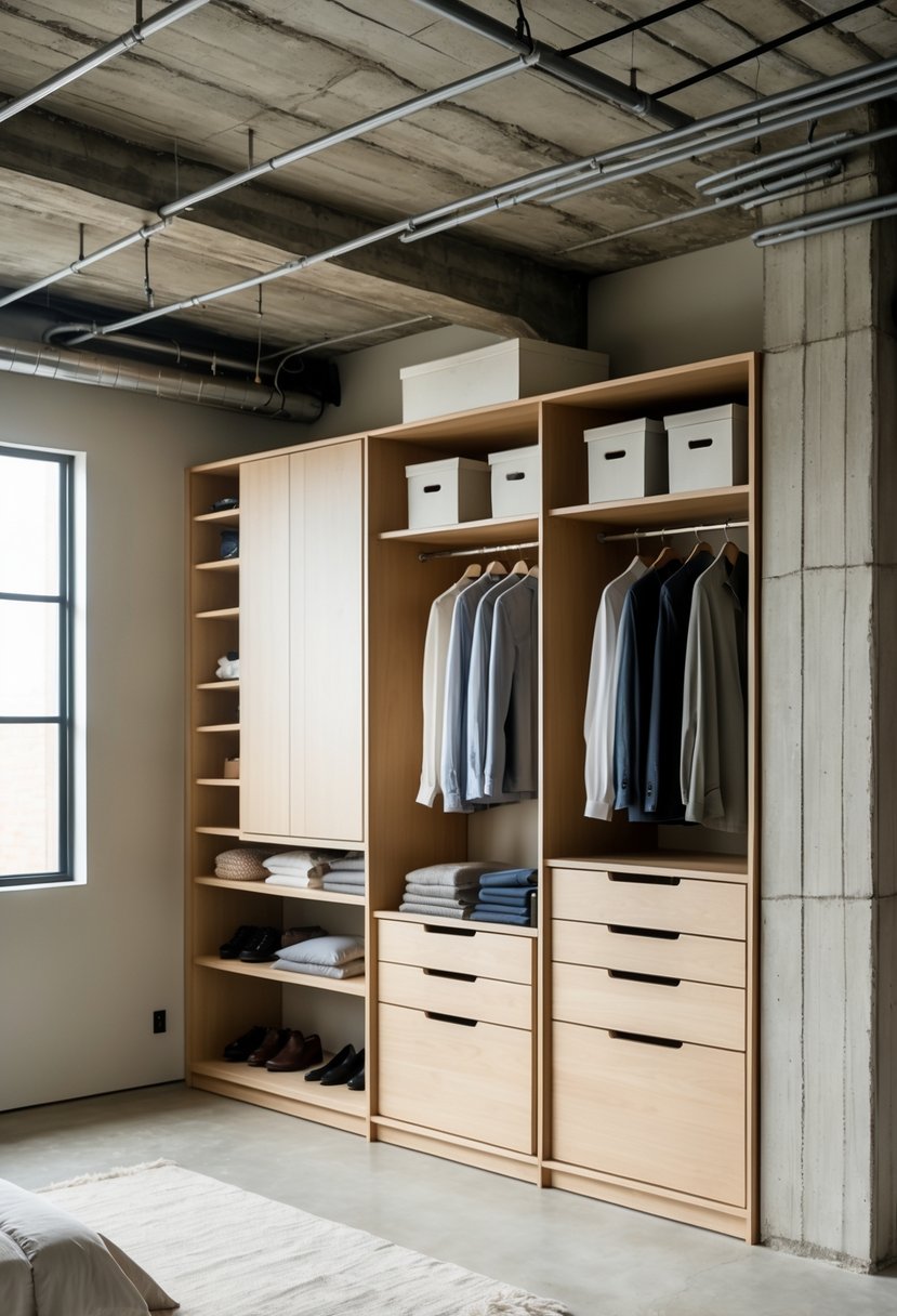 An unfinished basement bedroom with a floor-to-ceiling closet system installed along one wall for storage.